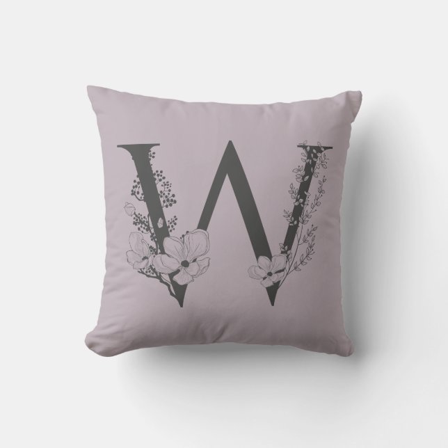 Coussin Élégant W Boho Floral Monogramme initial Lilac Gre (Recto)