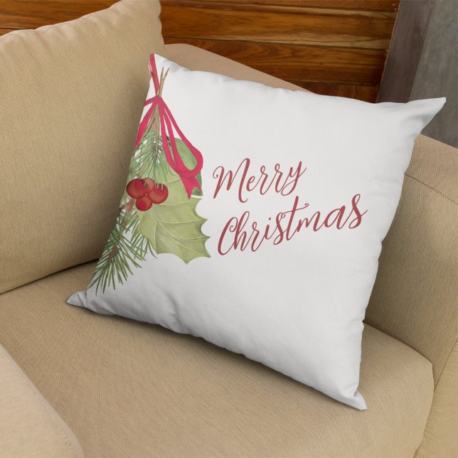 Coussin Elegant Watercolor Greenery Merry Christmas  (Merry Christmas Red and Green Greenery. With Stylish Calligraphy Script.)