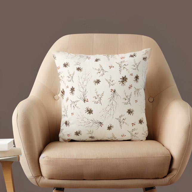 Coussin Elegant Watercolor Woodland Winterberry Pattern (Créateur téléchargé)