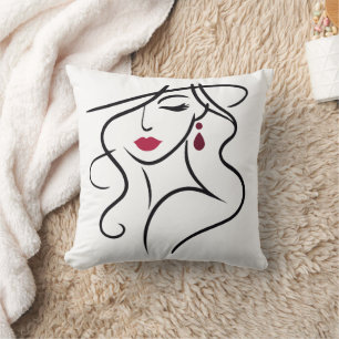 Coussin Elegant Woman Line Art avec les lèvres rouges et o