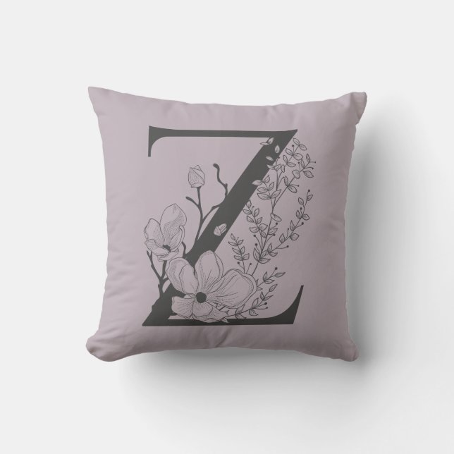 Coussin Élégant Z Boho Floral Monogramme initial Lilac Gre (Recto)