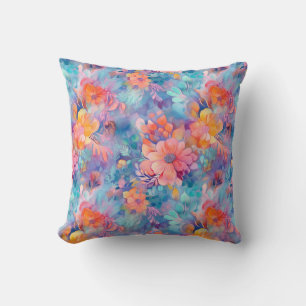Coussin Elégante aquarelle corail bleu floral
