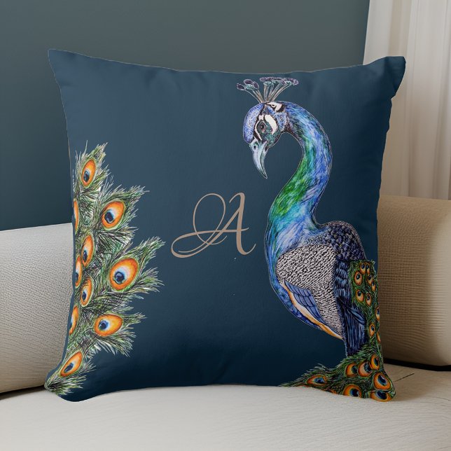 Coussin Elégante aquarelle Peacock Monogram Navy (Créateur téléchargé)