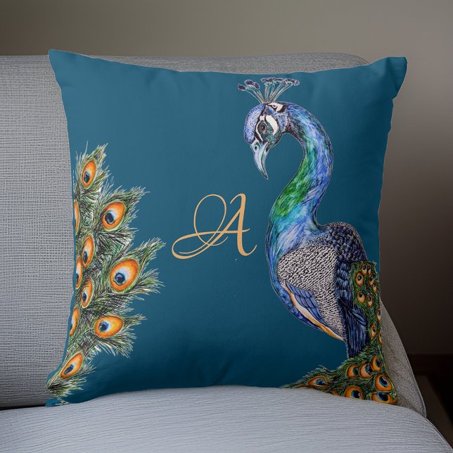 Coussin Elégante aquarelle Peacock Monogram Navy (Créateur téléchargé)