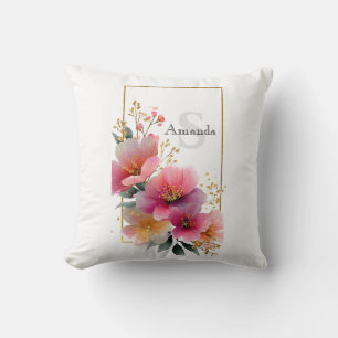 Coussin Elégante aquarelle rose frontière florale avec or