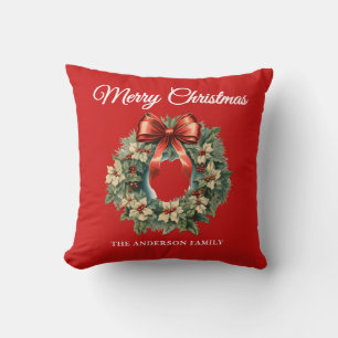 Coussin Elégante aquarelle rouge couronne de Noël