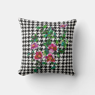 Coussin Elégante aquarelle vintage rose roses houndstooth