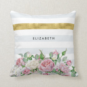 Coussin Élégante bande d'or FAUX avec roses roses et nom r