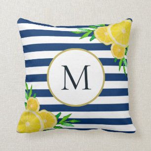 Coussin Élégante Bleu Blancs Monogramme de citron d'ét