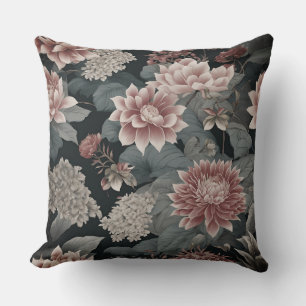 Coussin Élégante Chinoiserie Gris et Fleurs de framboise