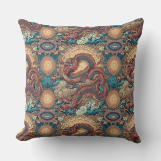 Coussin Élégante Chinoiserie Mandala avec Dragon