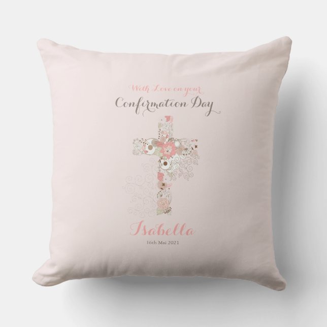Coussin Elégante confirmation rose pâle nom croisé floral (Recto)