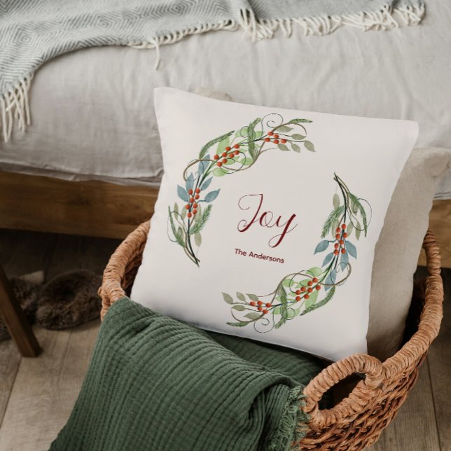 Coussin Élégante couronne de Noël botanique Joie Nom de fa (Créateur téléchargé)