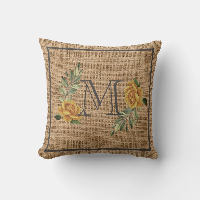 Coussin élégante famille de monogrammes floraux burlap (Recto)