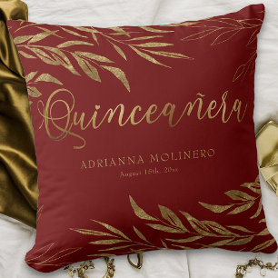 Coussin Elégante feuille rouge et feuille d'or Quinceanera