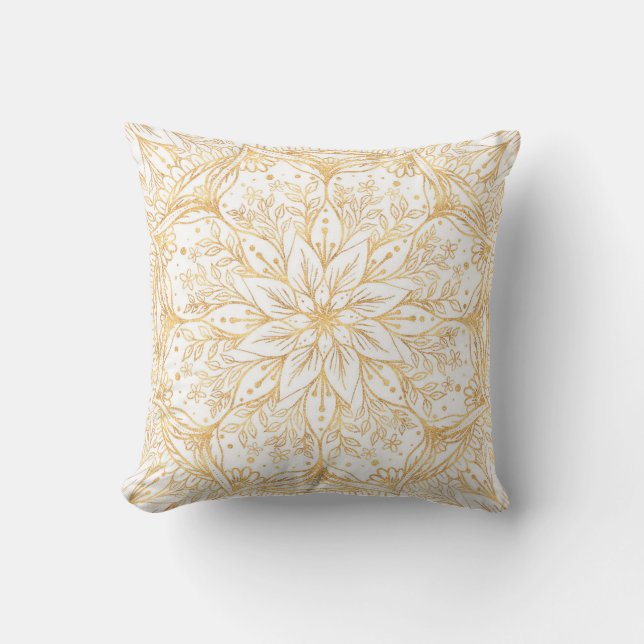 Coussin Elégante Fleur Or Mandala Design Blanc (Recto)