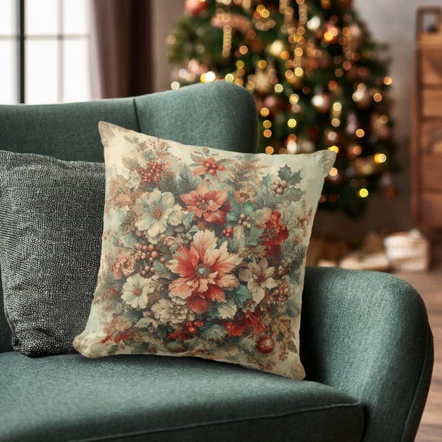 Coussin Elégante Fleurs de Noël Vintage (Créateur téléchargé)