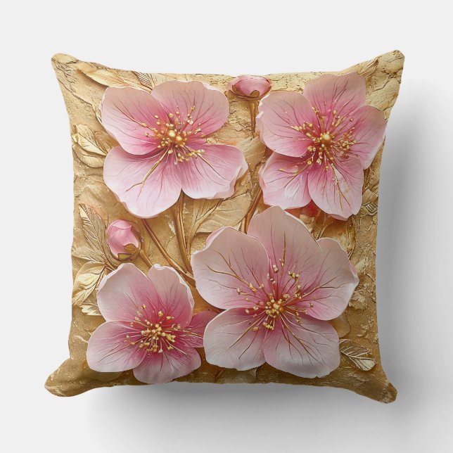 Coussin Élégante floraison rose sur texture or (Recto)