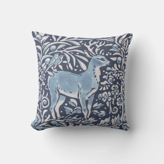 Coussin Elégante Forêt Bleue Blanc Cerfs Oiseaux Bois Art (Recto)