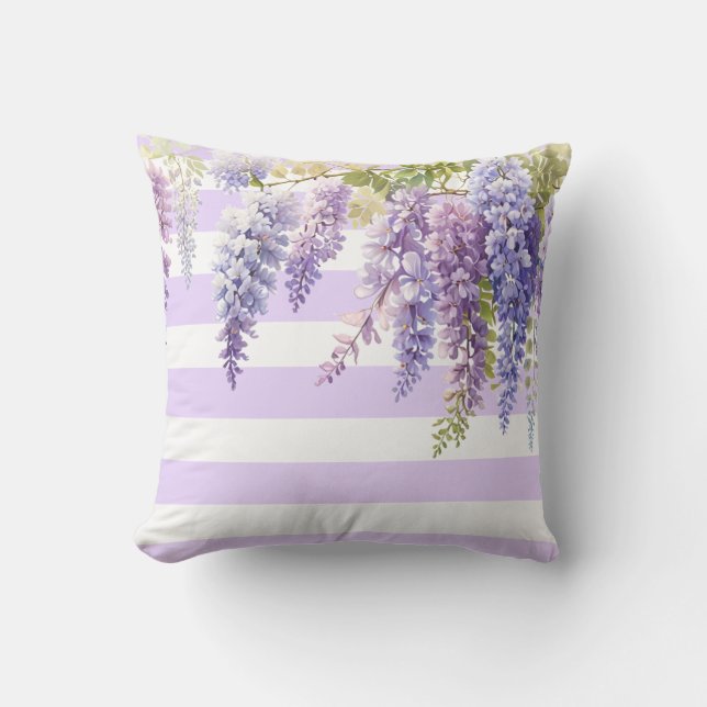 Coussin Élégante glycine florale violet violet bandes blan (Recto)