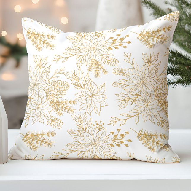 Coussin Élégante Gold Line Art Noël Floral (Créateur téléchargé)