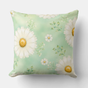Coussin Élégante Marguerite Aquarelle Menthe