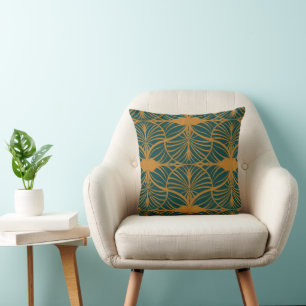 Coussin Elégante moutarde d'or Art Déco et pétoncles Turqu