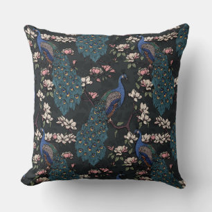 Coussin Elégante Peacocks Bleus, Fleurs Magnolia, Branches