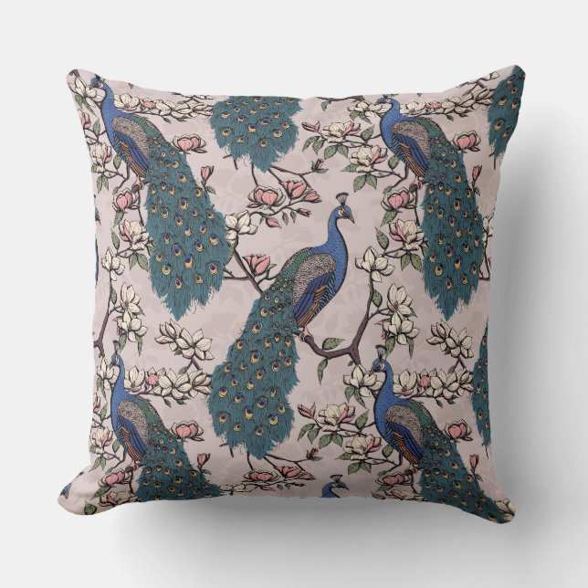 Coussin Elégante Peacocks Bleus, Fleurs Magnolia, Branches (Recto)