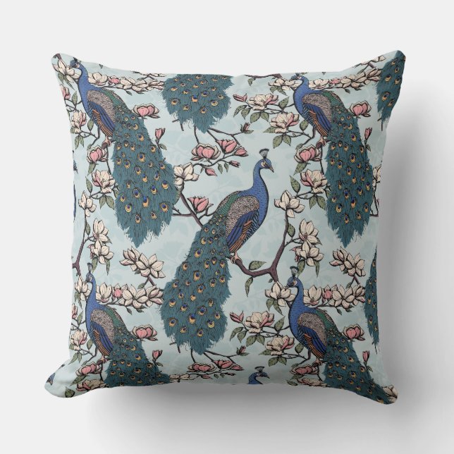 Coussin Elégante Peacocks Bleus, Fleurs Magnolia, Branches (Recto)