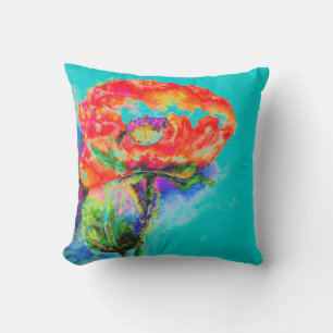 Coussin Elégante peinture florale rouge turquoise