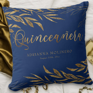 Coussin Elégante Quinceanera Personnalisée Bleu Or Feuille
