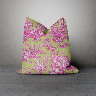 Coussin Elégante toile rose vintage et verte de jouy