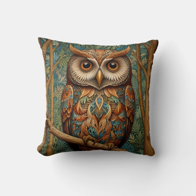 Coussin Élégante végétation forestière de hibou rétro (Recto)