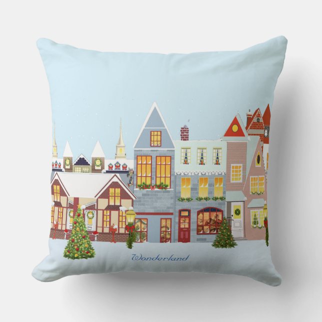 Coussin Élégante ville de Noël avec Arrière - plan bleu cl (Recto)