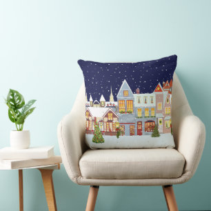 Coussin Élégante ville de Noël sur l'oreiller bleu marine