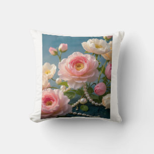 Coussin Élégantes fleurs blanches rose pâle avec perles