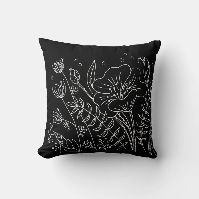 Coussin Élégantes fleurs noires et blanches modernes (Recto)