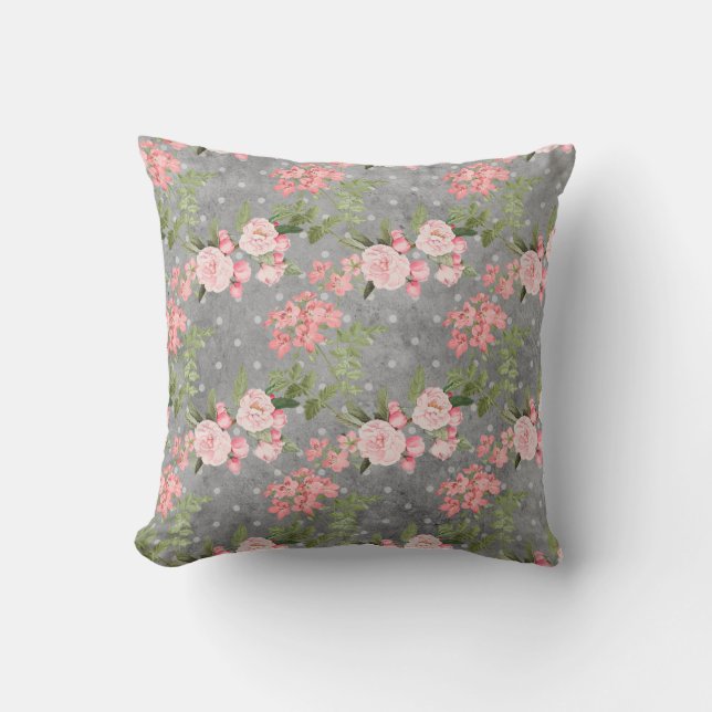 Coussin Élégantes fleurs roses vintage et verdure grise (Recto)
