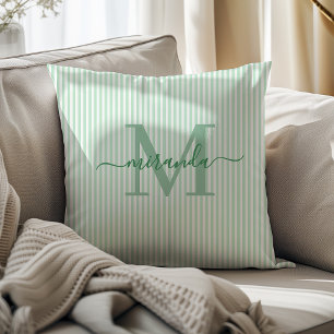 Coussin Élégantes rayures vertes et blanches Monogramme No