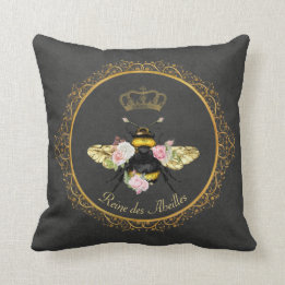 Coussin Élégantes roses roses Reine abeille grise or