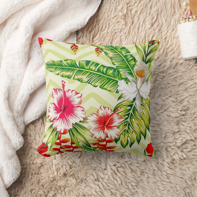 Coussin Élégants Feuilles tropicaux et fleurs d'Hibiscus | (Couverture)