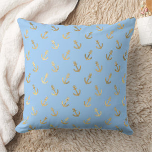 Coussin Élégants motifs nautiques et vintage bleu et or