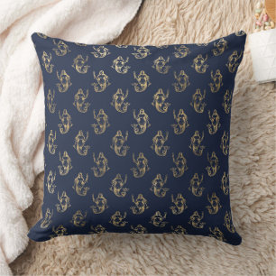 Coussin Élégants motifs nautiques et vintage bleu et or
