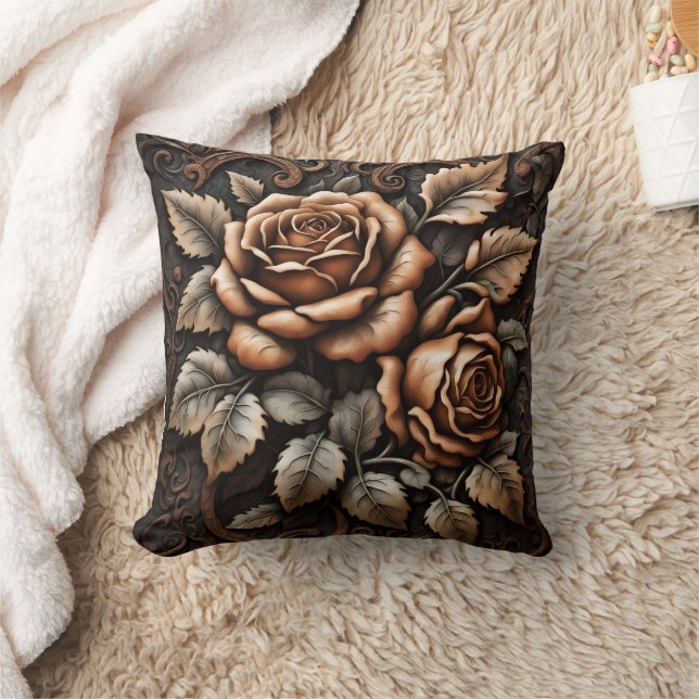 Coussin Élégants Roses sculptés avec Feuilles luxuriants (Couverture)
