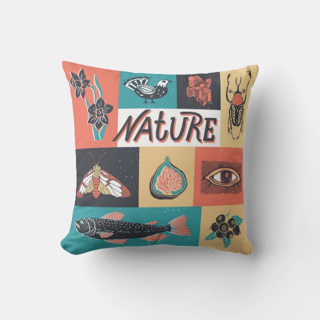 Coussin Éléments de la nature, Icônes de style rétro. (Recto)