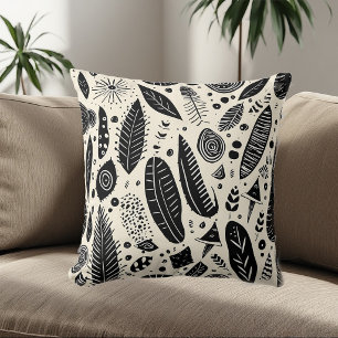 Coussin Éléments Tribaux Bohème Art en Noir et Blanc Monoc