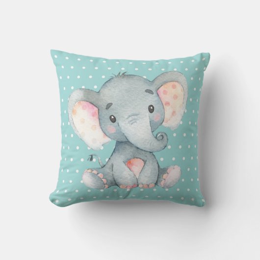 Coussin Éléphant Bébé Aqua Sarcelle Turquoise et Gris (Recto)