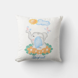 Coussin Eléphant Bébé mignon avec fleurs orange Cushion