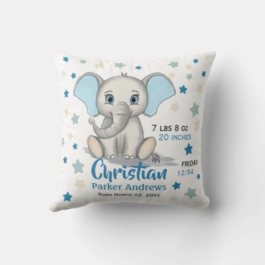 Coussin Eléphant Bébé mignon avec oreilles bleues Boy Stat (Verso)